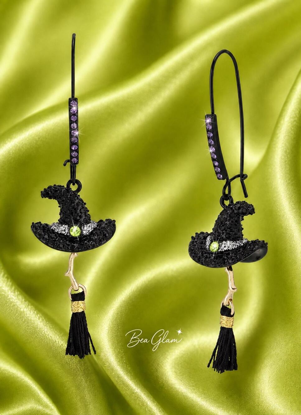 Betsey Johnson Witch Hat Broom Earrings, Green Crystal Halloween Drop Earrings